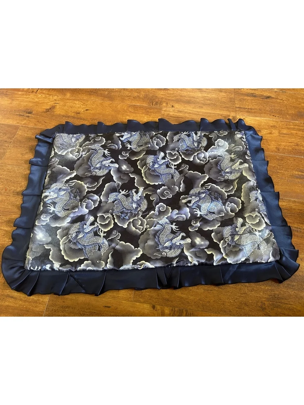 Decorative Black Satin Pillow Cover with Dragon Pattern and Ruffled Edges